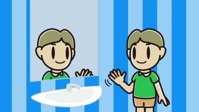 鏡に手を振る小学生男子のイラスト【色、背景あり】PNG