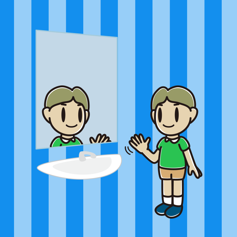 鏡に手を振る小学生男子のイラスト【色、背景あり】PNG