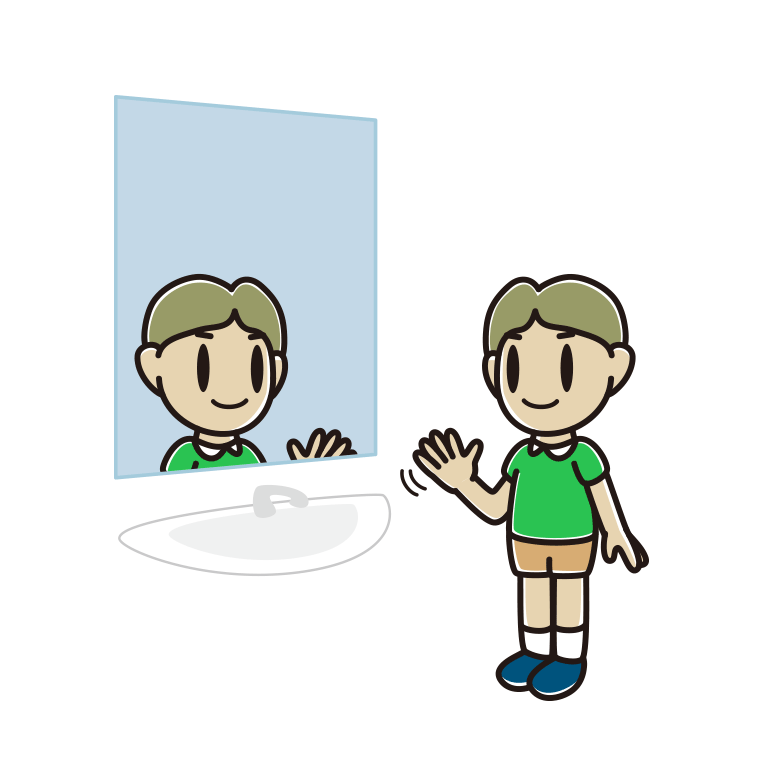 鏡に手を振る小学生男子のイラスト【色あり、背景なし】透過PNG