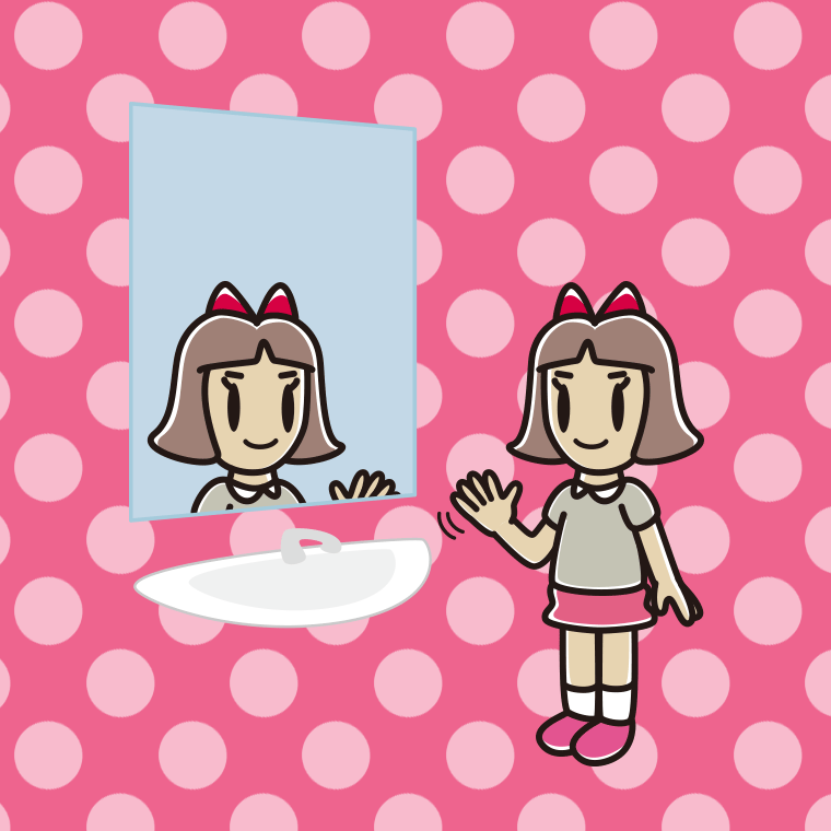 鏡に手を振る小学生女子のイラスト【色、背景あり】PNG