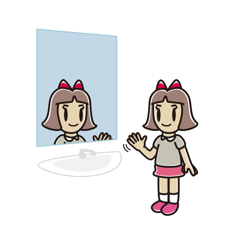 鏡に手を振る小学生女子のイラスト【色あり、背景なし】透過PNG