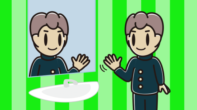 鏡に手を振る男子中学生のイラスト【色、背景あり】PNG