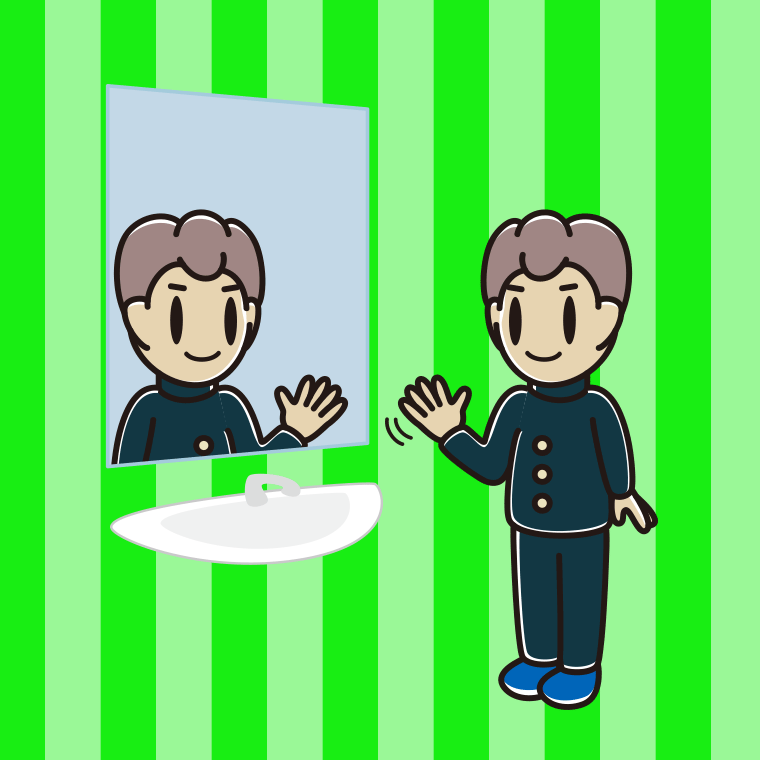 鏡に手を振る男子中学生のイラスト【色、背景あり】PNG