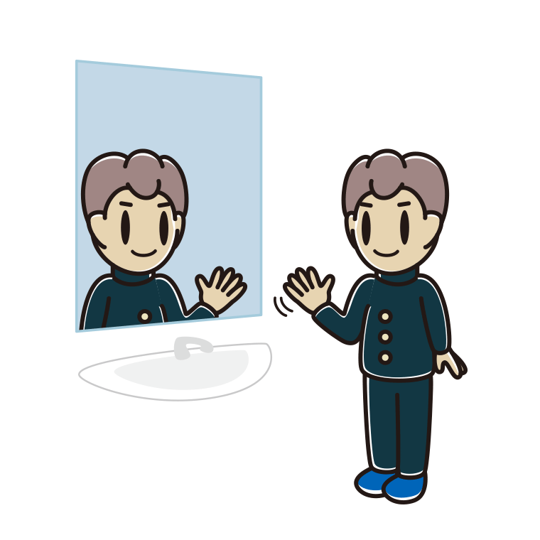 鏡に手を振る男子中学生のイラスト【色あり、背景なし】透過PNG