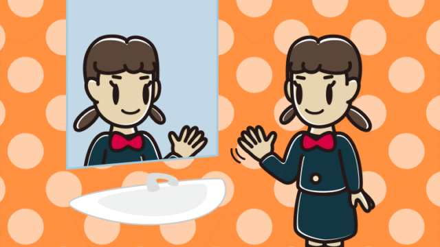 鏡に手を振る女子中学生のイラスト【色、背景あり】PNG