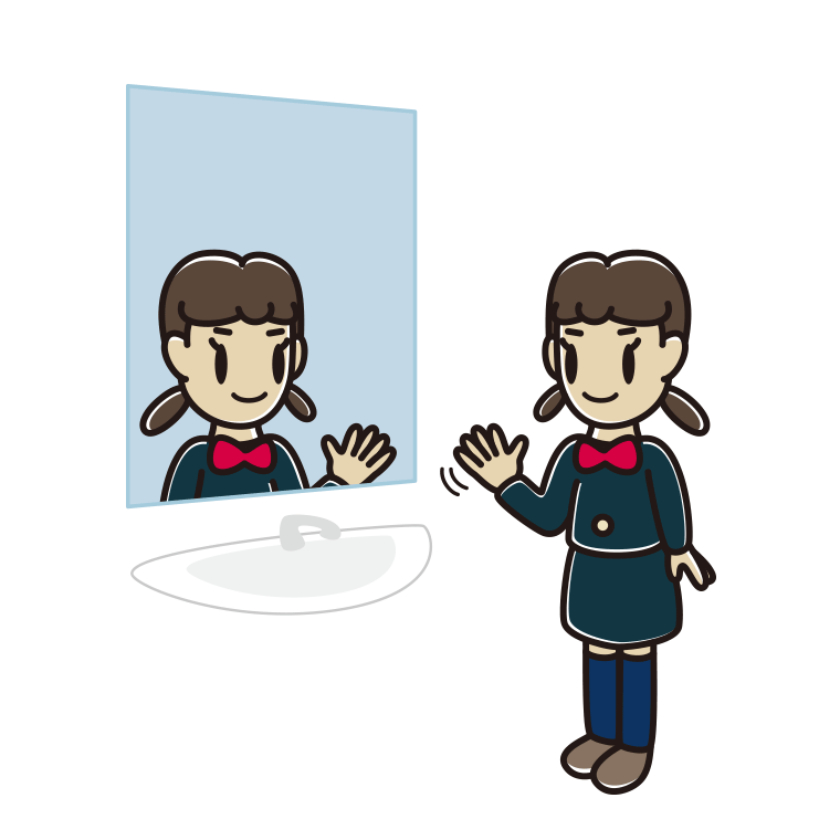 鏡に手を振る女子中学生のイラスト【色あり、背景なし】透過PNG