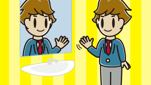 鏡に手を振る男子高校生のイラスト【色、背景あり】PNG