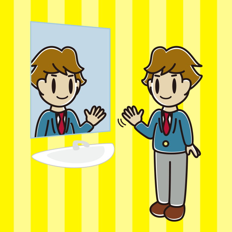鏡に手を振る男子高校生のイラスト【色、背景あり】PNG