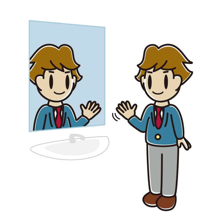 鏡に手を振る男子高校生のイラスト【色あり、背景なし】透過PNG