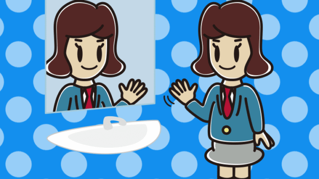 鏡に手を振る女子高校生のイラスト【色、背景あり】PNG