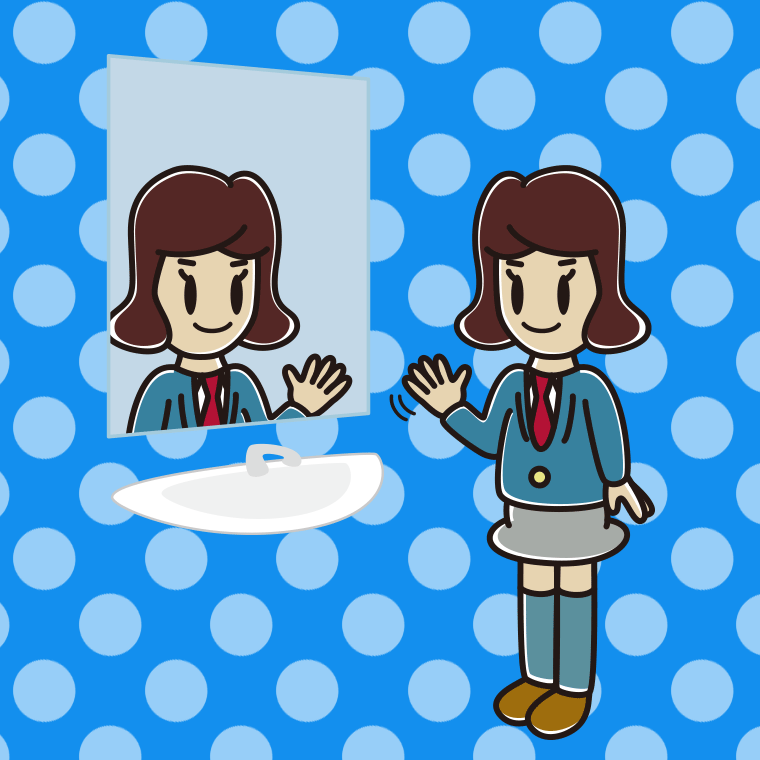 鏡に手を振る女子高校生のイラスト【色、背景あり】PNG