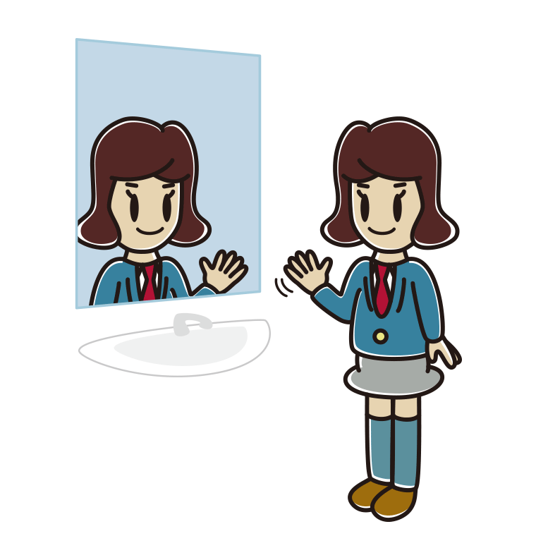 鏡に手を振る女子高校生のイラスト【色あり、背景なし】透過PNG