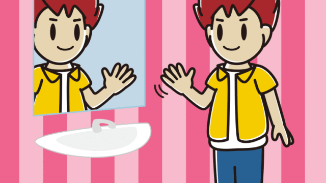 鏡に手を振る男子大学生のイラスト【色、背景あり】PNG