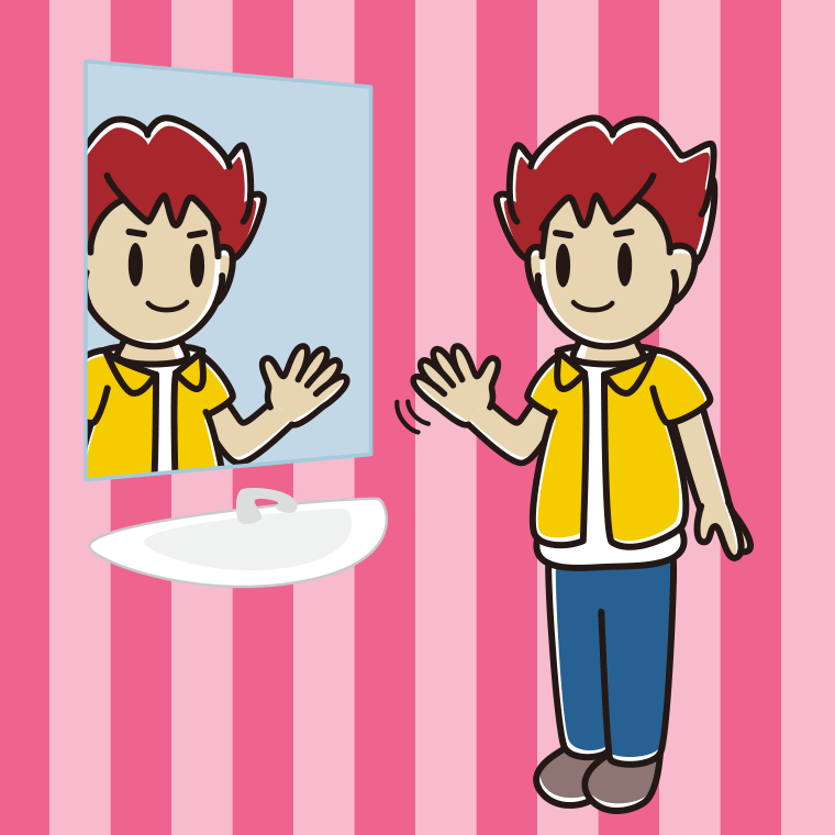 鏡に手を振る男子大学生のイラスト【色、背景あり】PNG