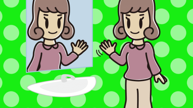 鏡に手を振る女子大学生のイラスト【色、背景あり】PNG