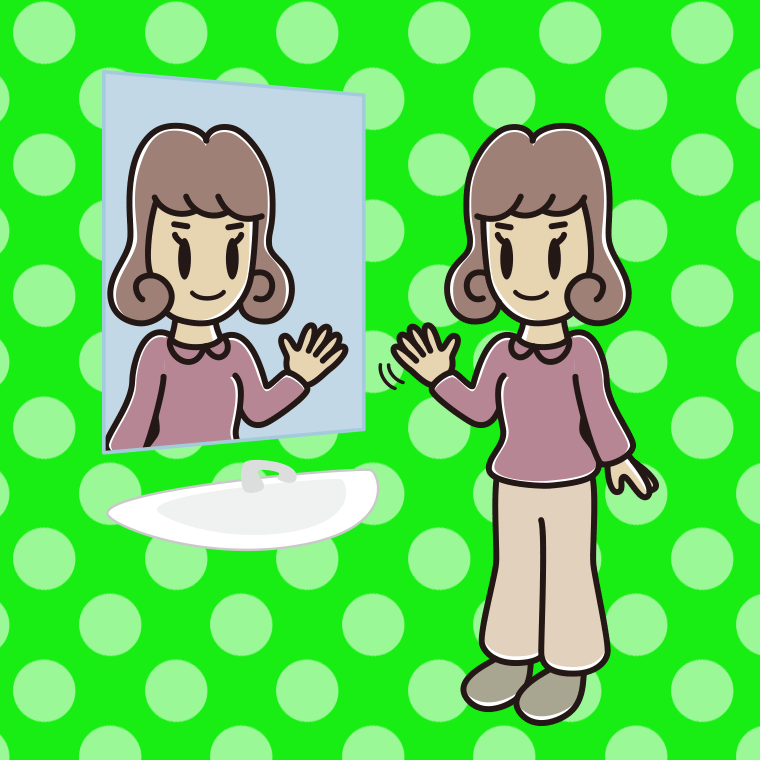 鏡に手を振る女子大学生のイラスト【色、背景あり】PNG