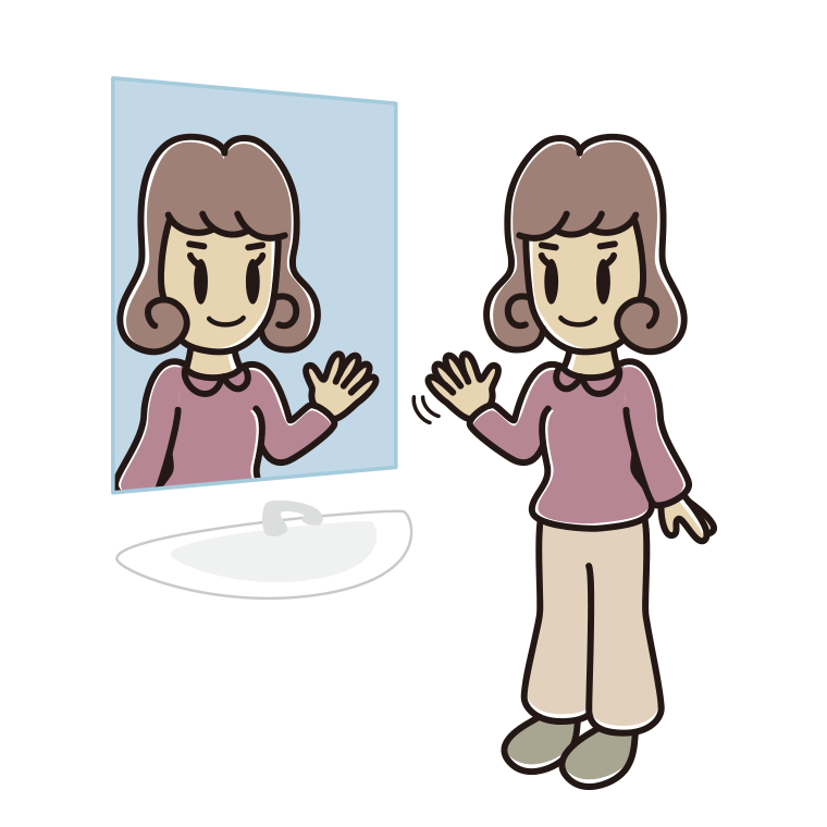 鏡に手を振る女子大学生のイラスト【色あり、背景なし】透過PNG