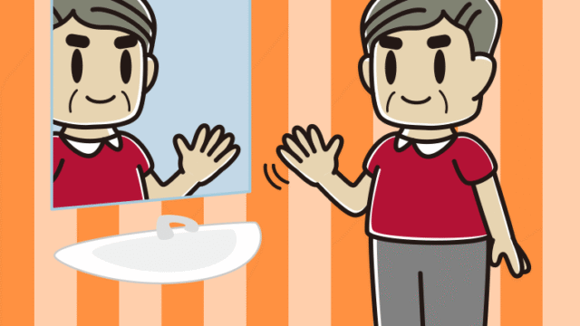 鏡に手を振るおじさんのイラスト【色、背景あり】PNG