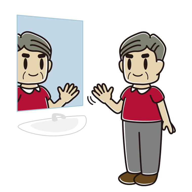 鏡に手を振るおじさんのイラスト【色あり、背景なし】透過PNG
