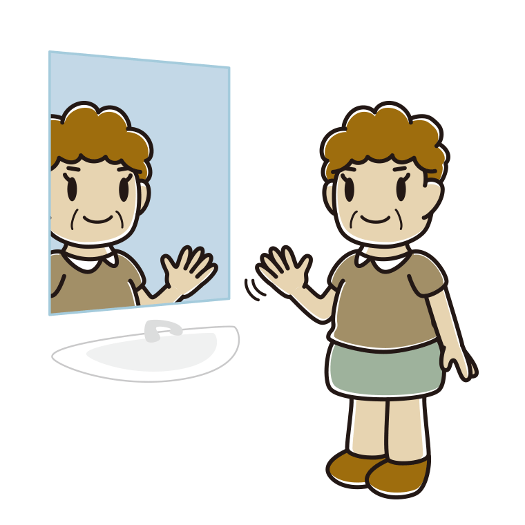 鏡に手を振るおばさんのイラスト【色あり、背景なし】透過PNG