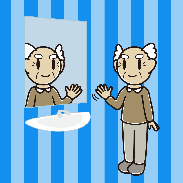 鏡に手を振るおじいさんのイラスト【色、背景あり】PNG