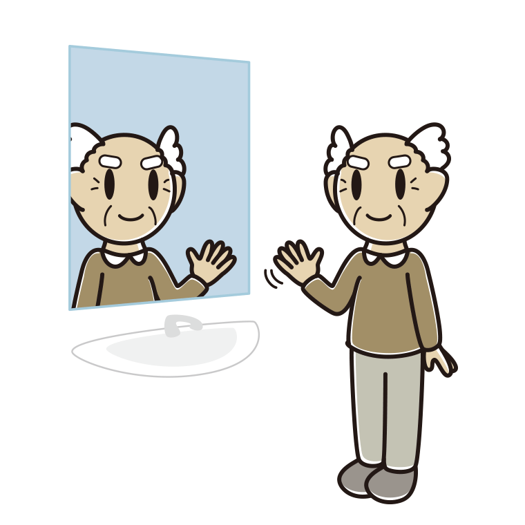 鏡に手を振るおじいさんのイラスト【色あり、背景なし】透過PNG