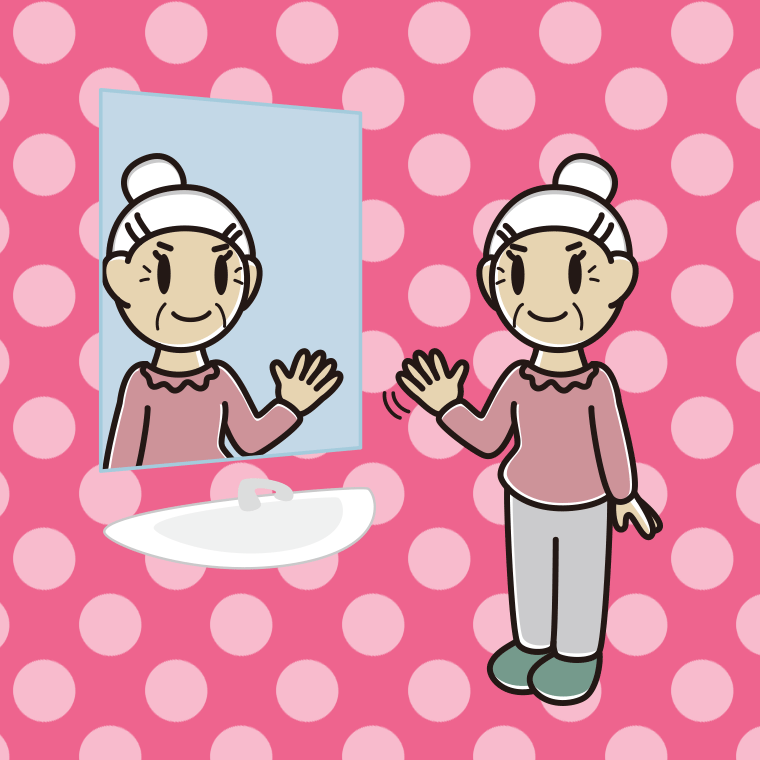 鏡に手を振るおばあさんのイラスト【色、背景あり】PNG