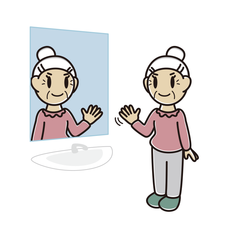 鏡に手を振るおばあさんのイラスト【色あり、背景なし】透過PNG