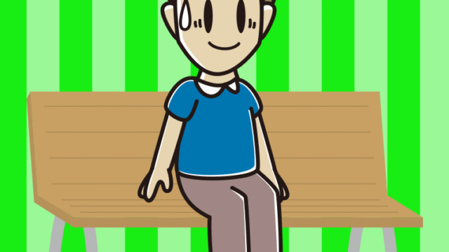 ベンチで苦笑いする男性のイラスト【色、背景あり】PNG
