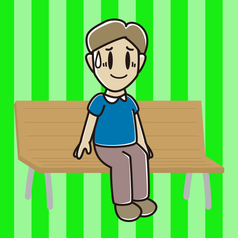ベンチで苦笑いする男性のイラスト【色、背景あり】PNG