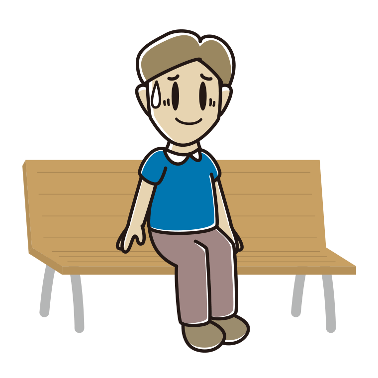 ベンチで苦笑いする男性のイラスト【色あり、背景なし】透過PNG