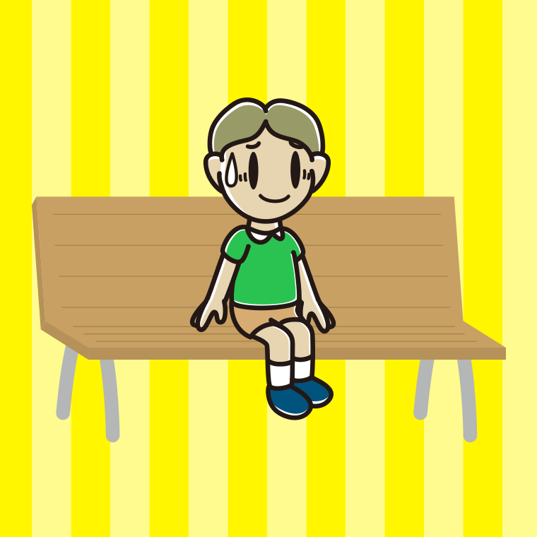 ベンチで苦笑いする小学生男子のイラスト【色、背景あり】PNG
