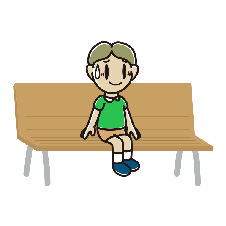 ベンチで苦笑いする小学生男子のイラスト【色あり、背景なし】透過PNG