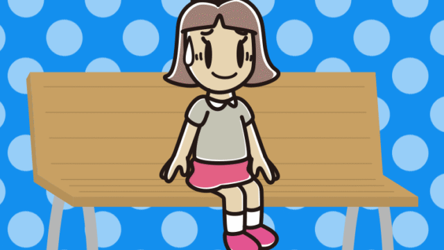 ベンチで苦笑いする小学生女子のイラスト【色、背景あり】PNG