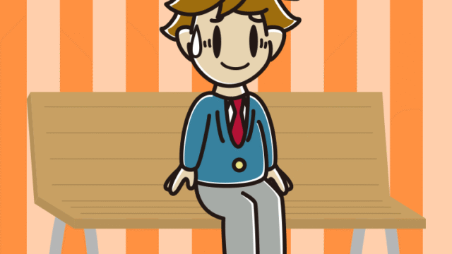 ベンチで苦笑いする男子高校生のイラスト【色、背景あり】PNG