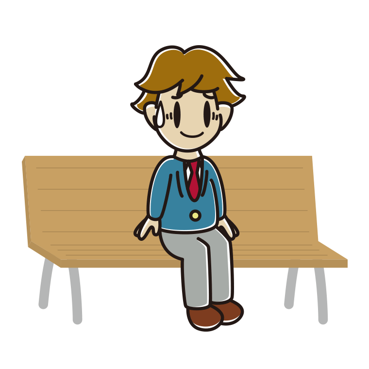 ベンチで苦笑いする男子高校生のイラスト【色あり、背景なし】透過PNG