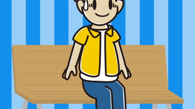 ベンチで苦笑いする男子大学生のイラスト【色、背景あり】PNG