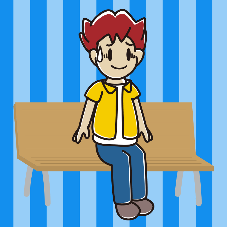 ベンチで苦笑いする男子大学生のイラスト【色、背景あり】PNG