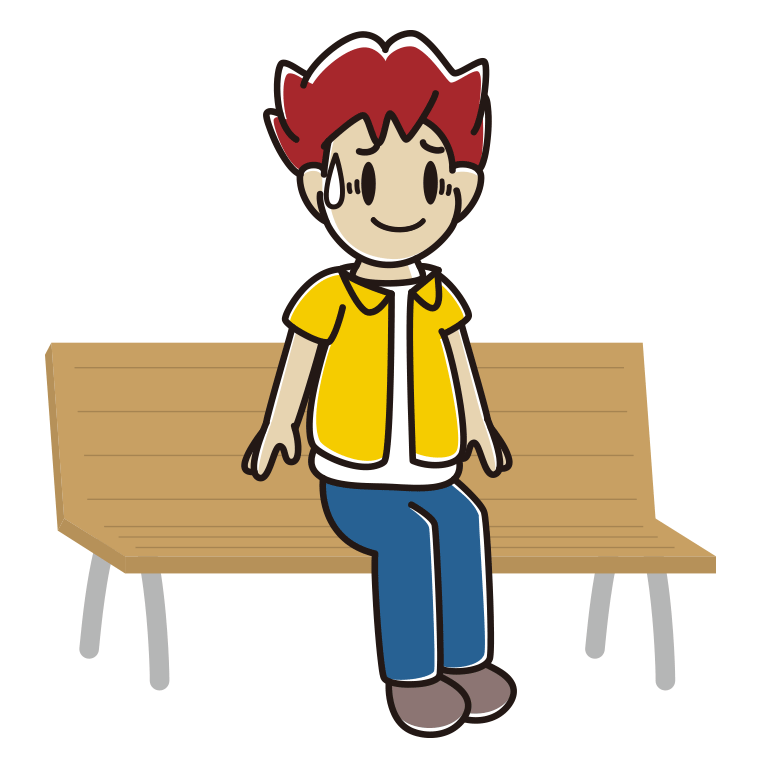 ベンチで苦笑いする男子大学生のイラスト【色あり、背景なし】透過PNG