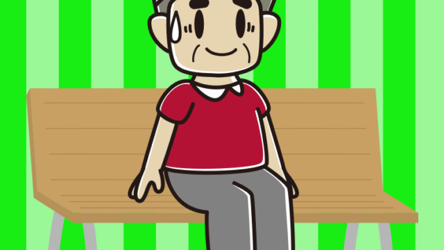 ベンチで苦笑いするおじさんのイラスト【色、背景あり】PNG
