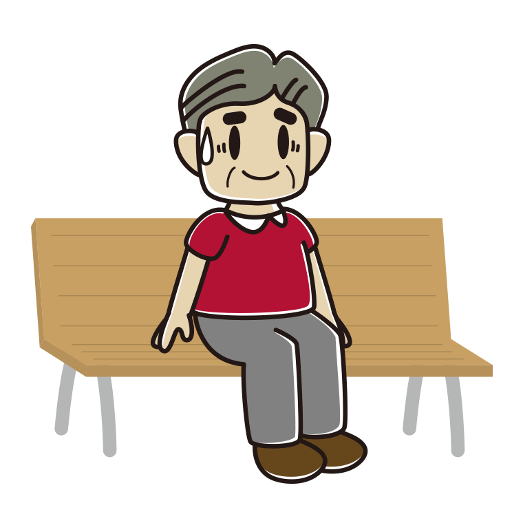 ベンチで苦笑いするおじさんのイラスト【色あり、背景なし】透過PNG