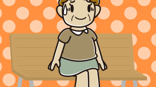 ベンチで苦笑いするおばさんのイラスト【色、背景あり】PNG