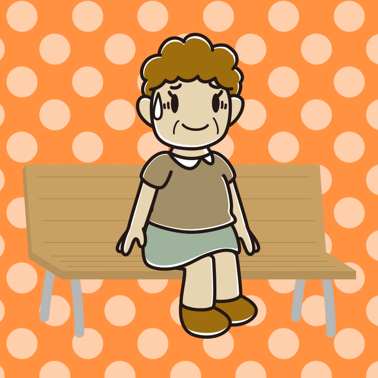 ベンチで苦笑いするおばさんのイラスト【色、背景あり】PNG
