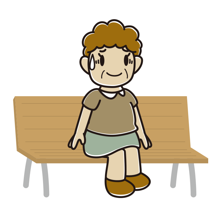 ベンチで苦笑いするおばさんのイラスト【色あり、背景なし】透過PNG