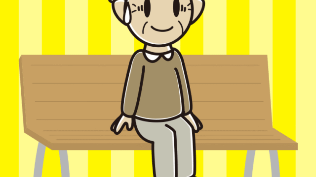 ベンチで苦笑いするおじいさんのイラスト【色、背景あり】PNG