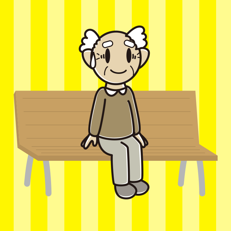 ベンチで苦笑いするおじいさんのイラスト【色、背景あり】PNG