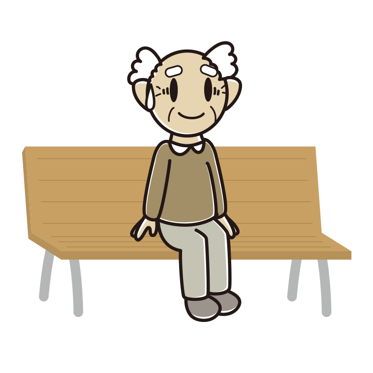 ベンチで苦笑いするおじいさんのイラスト【色あり、背景なし】透過PNG