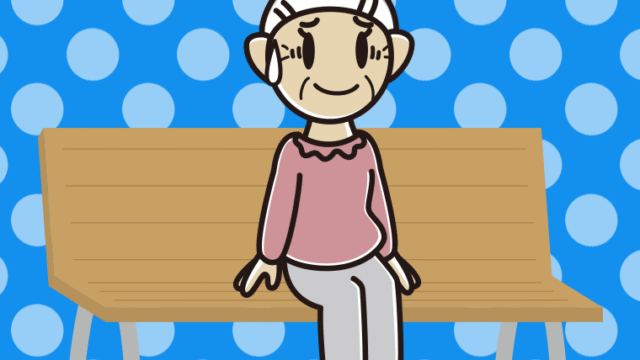 ベンチで苦笑いするおばあさんのイラスト【色、背景あり】PNG