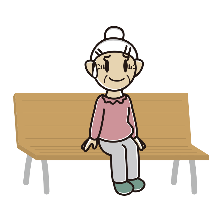 ベンチで苦笑いするおばあさんのイラスト【色あり、背景なし】透過PNG