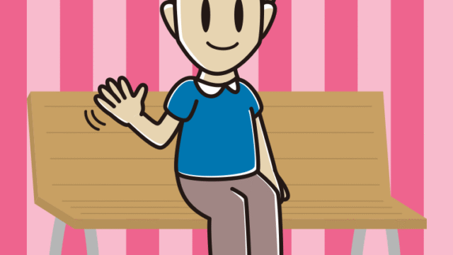 ベンチで手を振る男性のイラスト【色、背景あり】PNG